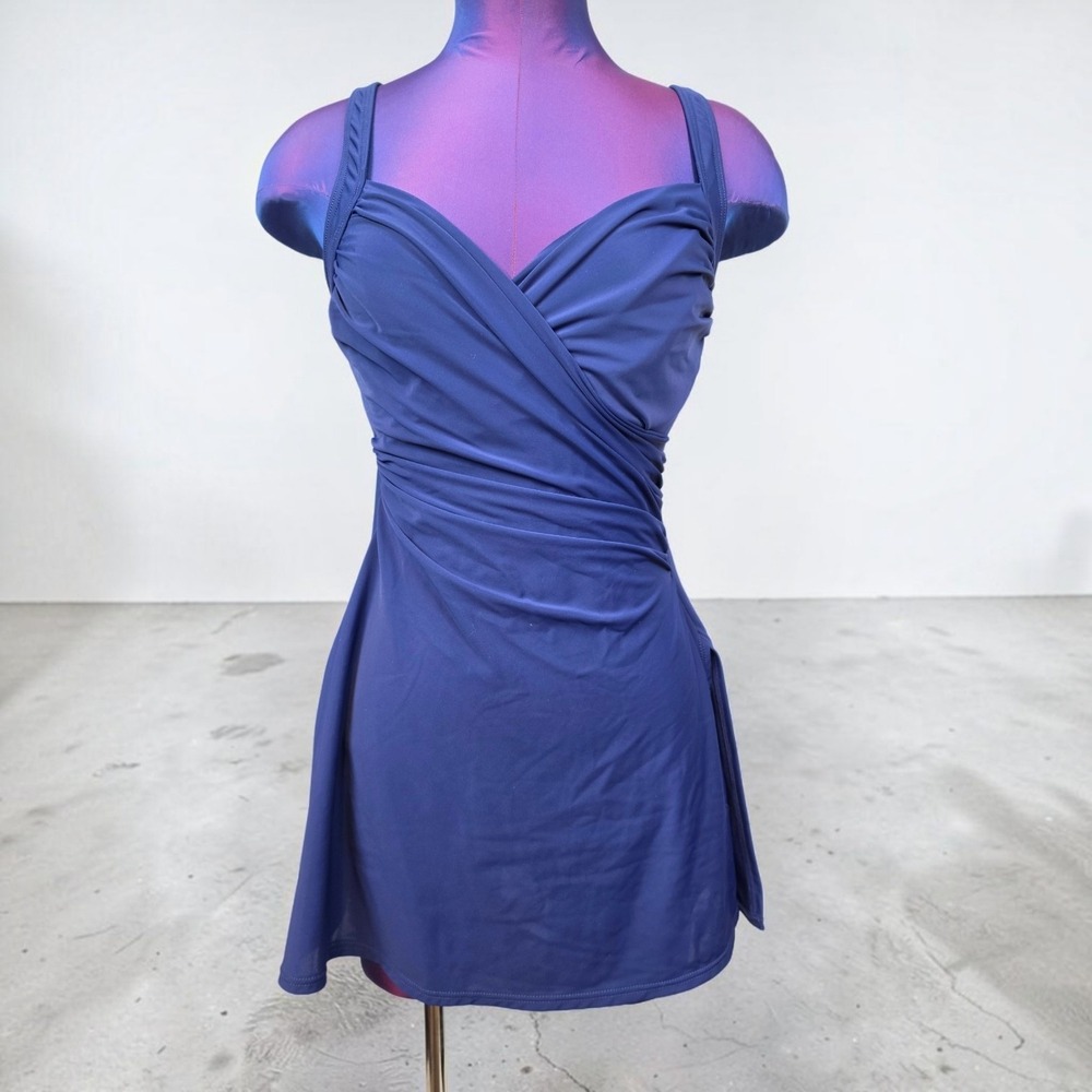 Miraclesuit x Talbots Navy Blue Firm Control Crossover Swim Dress Womens 6